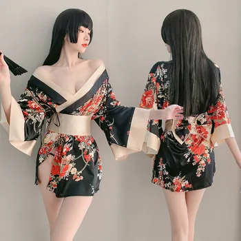 Kimono Japonez Floare De Imprimare De Costume De Femei Lenjerie Sexy Rochie De Cosplay Sleepwear Roleplay Geisha Halat Ușuratică Exotice Costum