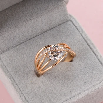 Kinel Nou-veniți 585 Aur a Crescut Geometric Cross Ring Naturale Zircon Inele pentru Femei Bijuterii de Nunta de Cristal Cadou