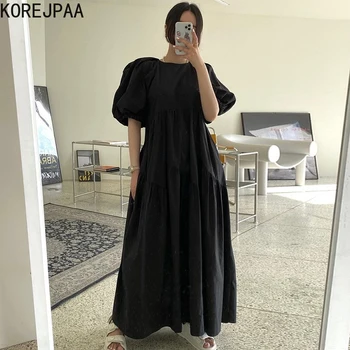 Korejpaa Femei Rochie De Vară 2021 Coreean Chic Elegant Temperament Gât Rotund Pliere Design Neregulate Liber Puff Maneca Vestidos