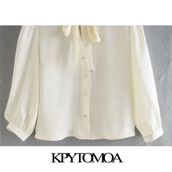KPYTOMOA Femei 2021 Moda Perla Faux Butoane Confortabil Bluze Vintage Arc Legat Guler Maneca Trei Sferturi Femei Tricouri Topuri Chic