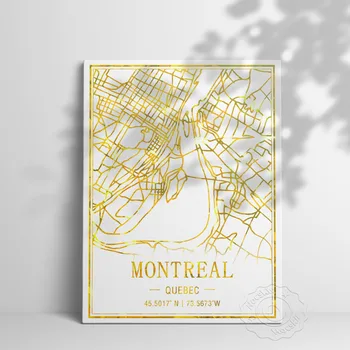 Lumea Tavel Orașului Montreal, Quebec Street Arată Hartă Artă Poster, Goid Linie Harta Decor Pictura, Modern Stil Simplu Hartă Home Decor Mural