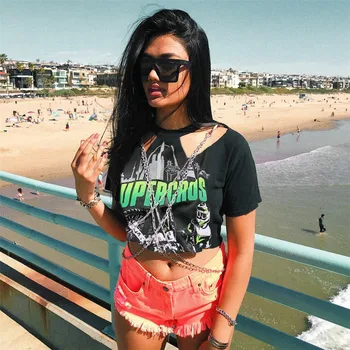 Meqeiss elastic întins vara noi de top de moda pentru Femei t-shirt hip hop de imprimare de Metal lanț liber o-gat maneci scurte culturilor topuri
