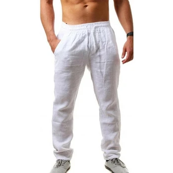 Nowe najwyższej jakości męskie letnie spodnie na co dzień naturalne bawełniane spodnie lniane białe lniane w pasie proste męskie
