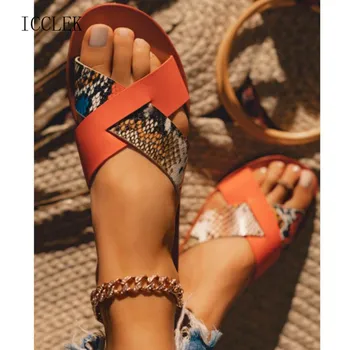 Pantofi De Vara 2021 Femei Sandale De Moda Cruce Curea Pantofi De Plaja Si Femeie Tobogane De Deget De La Picior Deschis Confort Plat De Sex Feminin În Aer Liber Slippes