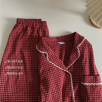 Pijama Seturi pentru Femei Retro Roșu Verifica Dantela Bumbac Carouri Breatheable V-neck Lungime Completă Toamna Iarna Moda Confortabil Sleepwear Lounge