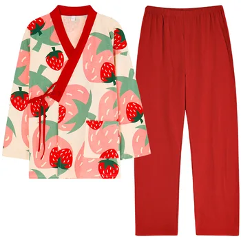Primavara-Vara pentru Femei Pijamale Set de Capsuni Sleepwear Pur Fire de Bumbac Kimono Doamnelor Pijamale V-Neck Plus Dimensiune Dimensiune Pijama XXXL