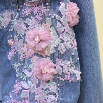 Primăvară 3D ștrasuri din Mărgele Broderii Florale Găuri Femei Jachete din Denim Haina Streetwear de sex Feminin de Cauzalitate Uza Liber Blugi Sacou Bombardier