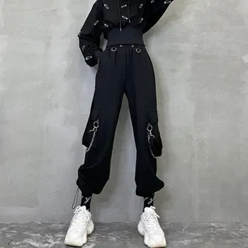 Punk Supradimensionate, Pantaloni Femei Gotic Streetwear Lanț Negru Harajuku Hippie Coreean Strada Pantaloni Stil Feminin Hip Hop