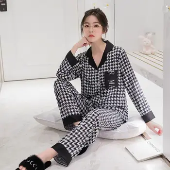 Qianniaoge pijamale femei primăvara și vara cu maneci lungi pantaloni subtiri stil mare brand de moda acasă costum