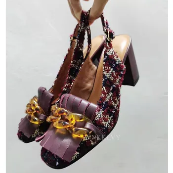 Retro Cristal Lanț Franjuri Canaf Singur Pantofi Femei Verifica Superficial Cârpă Gura Indesata Toc Înalt Sandale De Vara Partid Pompe 2021