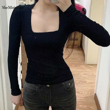 SheMujerSky Femei Trunchiate Tricou Din Tricot Elastic Slim Square Guler Maneca Lunga Tricouri 2021 Culoare Solidă Tricou