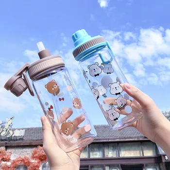Sticla de apa urs drăguț model cu scară student sport în aer liber distracție creative portabile, etanșe paie de sticlă transparentă