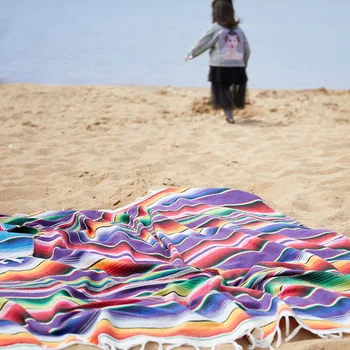 Stil Mexican Beach Blanket Handmade Rainbow Stripe Pătură De Călătorie În Aer Liber Camping, Picnic Mat Boho Stil Etnic Partid De Masă