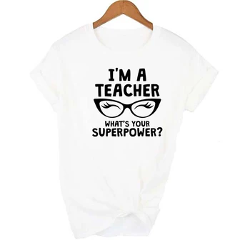 Sunt Un Profesor care e Superputerea Ochelari Negri Femei Tricou Roz Haine Albe Grafic T Shirt Cadou pentru Ziua Profesorului