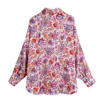 TRAF Za Florale de Top de sex Feminin Imprimare Tricou Bluze din Satin Femei Casual cu Maneca Lunga Bluza Femeie de Vară 2021 Epocă Butonul Până Camasi