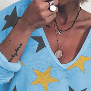 Tricou femme Culoare Solidă Femeile Star Print cu Maneci Lungi V-neck Casual Pierde T-shirt Pulover Topuri de Îmbrăcăminte pentru Femei Alb xxl