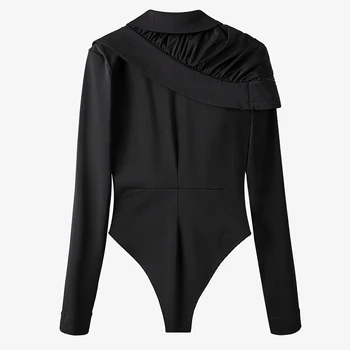 TWOTWINSTYLE Negru Neregulate Ruched Body Pentru Femei V-Neck Maneca Lunga Talie Mare Slim Sexy Costume de Moda de sex Feminin Nou 2021