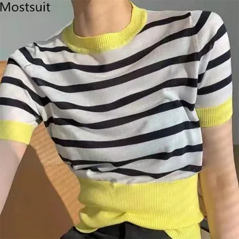 Vara cu Dungi Pulover Tricotate Bluze Femei cu Maneci Scurte O-gât Pulover blocat de Culoare de Moda de Epocă coreean Pulovere Tricotaje