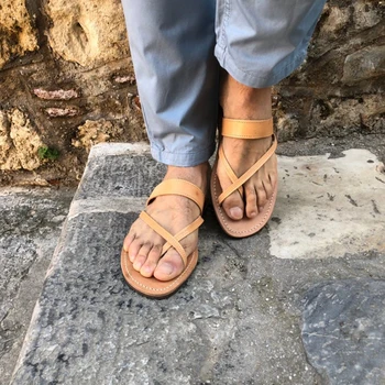 Vara Oamenii Plat Sandale Retro din Piele PU Clip Toe Casual, Papuci de Plaja Manual Swing Retro Roman Mens Papuci de casă Dimensiune 39-48