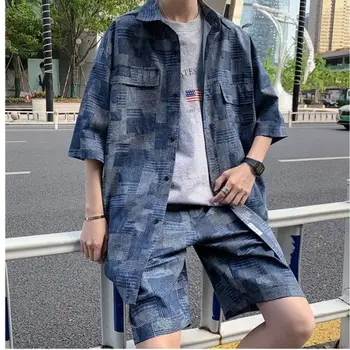 Verificat denim cu mâneci scurte costum barbati de cinci minute cămașă de vară subțire de epocă Hong Kong moda frumos set de două piese