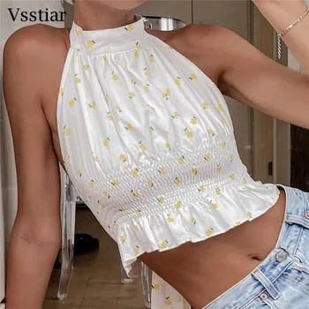 Vsstiar Casual Print Tank Top 2021 Plus Dimensiune Backless Arc Sexy T-Shirt Alb Pentru Femei Floral Clubwear Vara Halter Culturilor Topuri