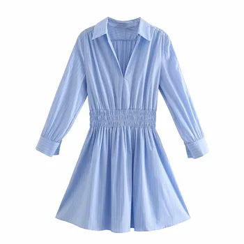 ZA 2021 Albastru cu Dungi Rochie Camasa Femei Maneca Lunga Jachetă Office Lady Dress Femeie de Moda Elastic Talie Mini Plisata Dressses