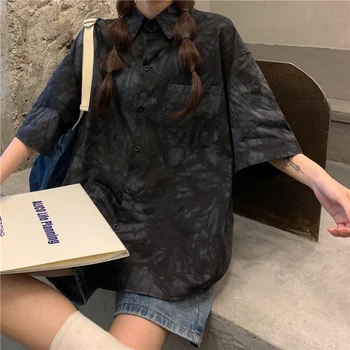 Zoki Tie Dye Pentru Femei Cămăși De Vară Pierde Jumătate Maneca Hip Hop Japonia Fete Topuri De Moda Butonul Up Casual Negru Albastru Doamnelor Bluza